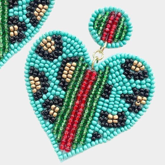 Heart Leopard Blue Color Block Seed Bead Earrings - Picture 2 of 5